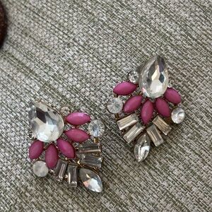 Pink and Silver Floral Stud Earrings with Crystal Accents